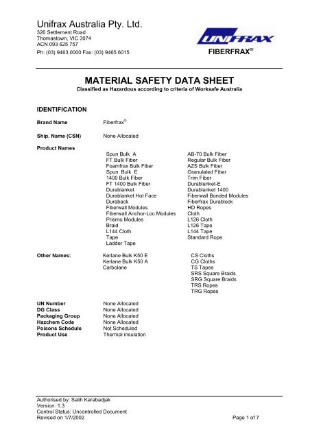 Unifrax Australia Pty Ltd MATERIAL SAFETY DATA SHEET