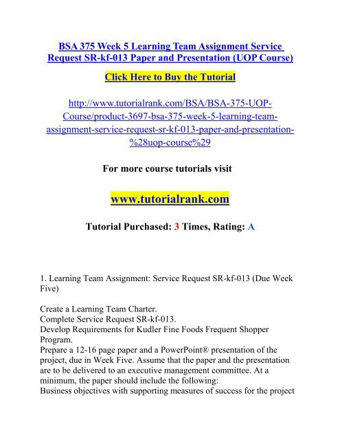 BSA 375 Week 5 Learning Team Assignment Service Request SR/ Tutorialrank