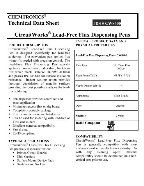 Circuitworks Chemtronics CW8400 Lead-Free Flux Dispensing Pen New