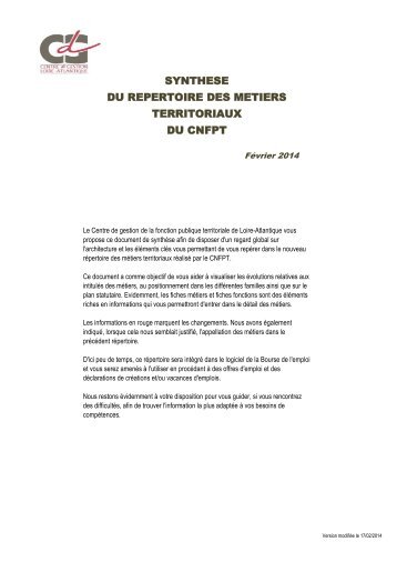 SYNTHESE DU REPERTOIRE DES METIERS TERRITORIAUX DU CNFPT