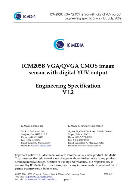 ICM205B VGA/QVGA CMOS image sensor with digital YUV output ...