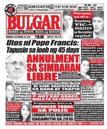 September 10, 2015 BULGAR: BOSES NG MASA, MATA NG BAYAN