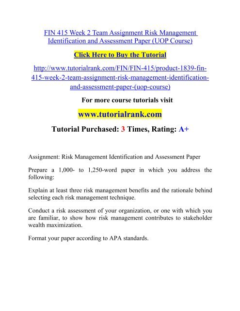 FIN 415 Week 2 Team Assignment Risk Management Identification and Assessment Paper (UOP Course).pdf