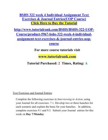 bshs 322 week 4 individual assignment Free essays on bshs 406 for students use our papers to help you with yours 1 - 30. bshs 322 week 4 individual assignment Free essays on bshs 406 for students use our papers to help you with yours 1 - 30.