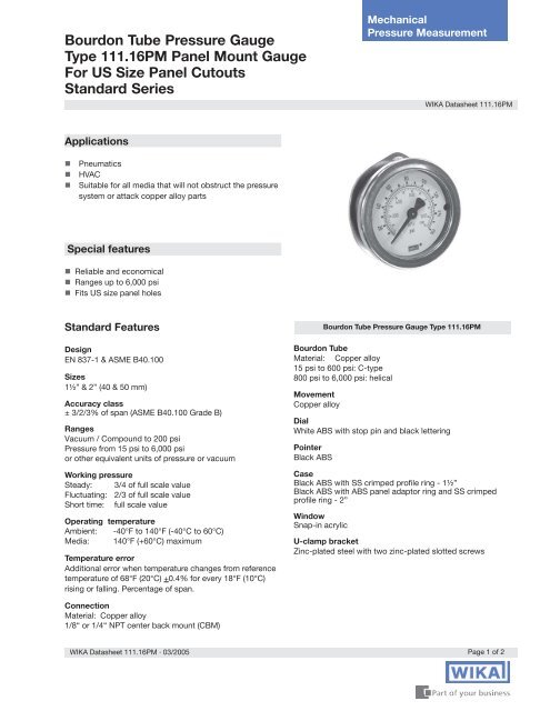 WIKA 111.16PM Pressure Gauge data sheet - DFS Gauges