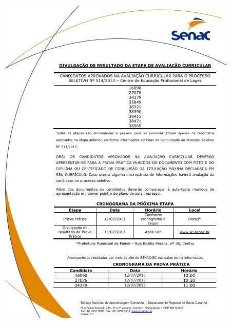 Resultado da AvaliaÃ§Ã£o Curricular - Senac