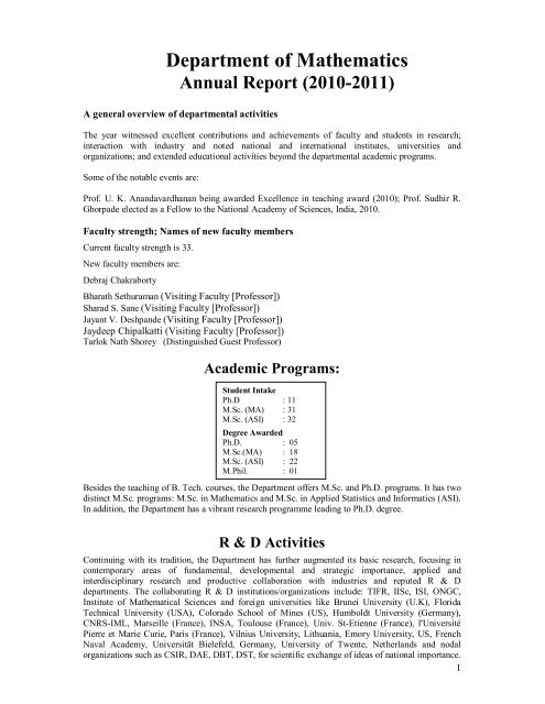 Annual Report for 2010-2011 - Department of Mathematics - Indian ...