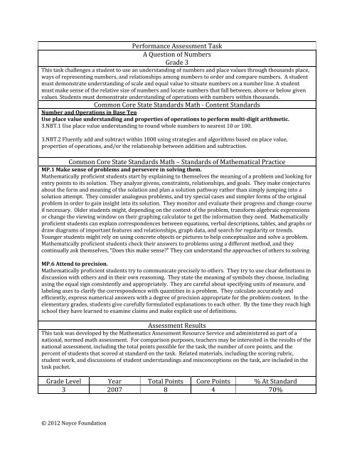 Performance Assessment Task A Question of Numbers Grade 3 ...