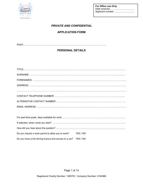 PRIVATE AND CONFIDENTIAL APPLICATION FORM PERSONAL DETAILS Page 1 of 14