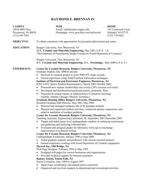 Raymond Brennan's Resume - WebRing
