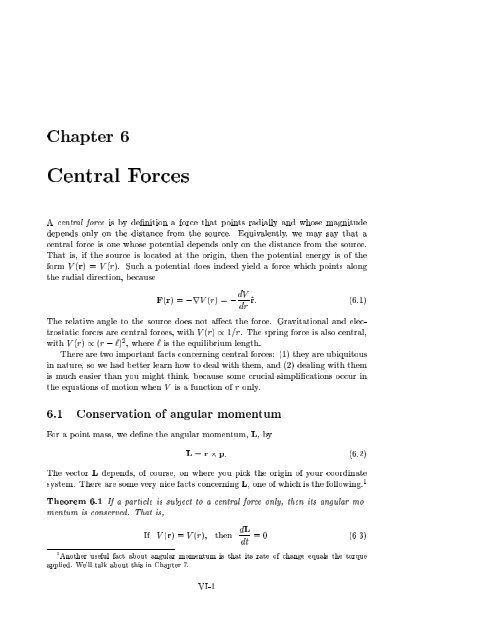 Chapter 6 Central Forces A Central Force Is By Definition A Force That