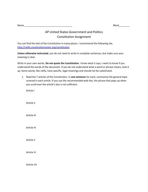 AP United States Government and Politics Summer Assignment