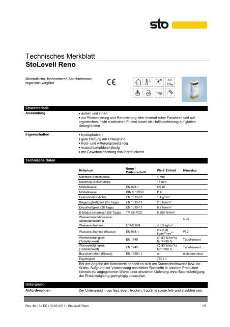 Technisches Merkblatt StoLevell Reno Wasserdampfdiffusionswiderstandszahl