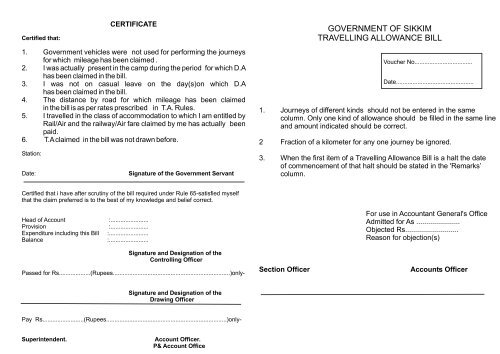 GOVERNMENT OF SIKKIM TRAVELLING ALLOWANCE BILL