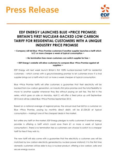EDF Energy Launches Blue +Price Promise
