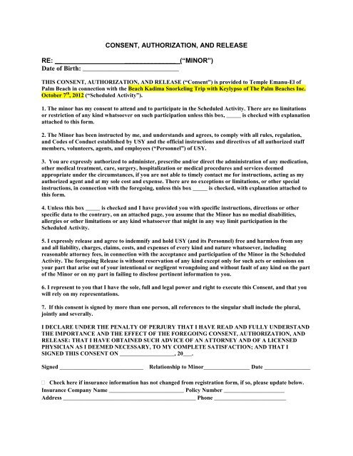 CONSENT, AUTHORIZATION, AND RELEASE RE: __ (“MINOR ... CONSENT, AUTHORIZATION, AND RELEASE RE: __ (“MINOR ...