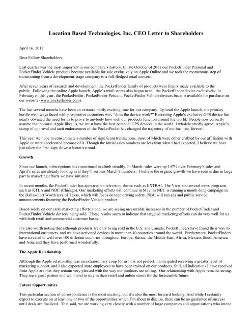 Location Based Technologies Inc CEO Letter to Shareholders