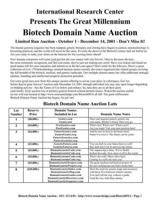 Biotech Domain Name Auction