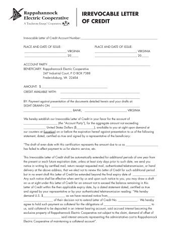 irrevocable letter of credit Rappahannock Electric Cooperative irrevocable letter of credit Rappahannock Electric Cooperative