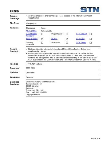 PATDD Database Summary Sheet (DBSS) - STN International
