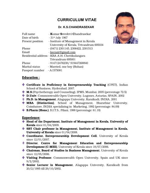 Curriculum Vitae Institute Of Management In Kerala