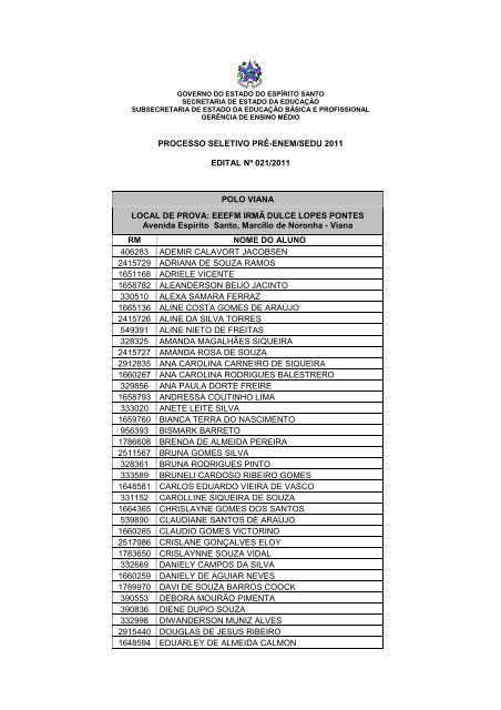 PROCESSO SELETIVO PRÃ‰-ENEM/SEDU 2011 EDITAL NÂº 021