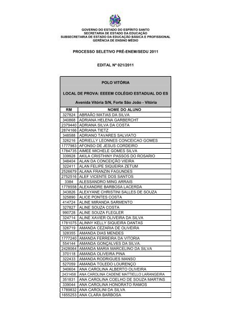 PROCESSO SELETIVO PRÃ‰-ENEM/SEDU 2011 EDITAL NÂº 021