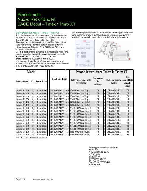Product note Nuovo Retrofitting kit SACE Modul – Tmax / Tmax XT