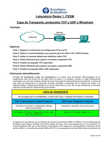 Laboratorio Redes 1 ITESM Capa de Transporte protocolos TCP y UDP y Wireshark