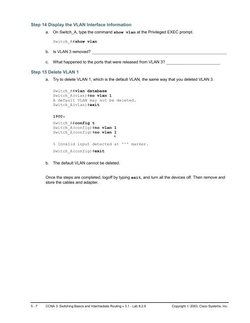 Lab 8.2.6 Deleting VLAN Configurations