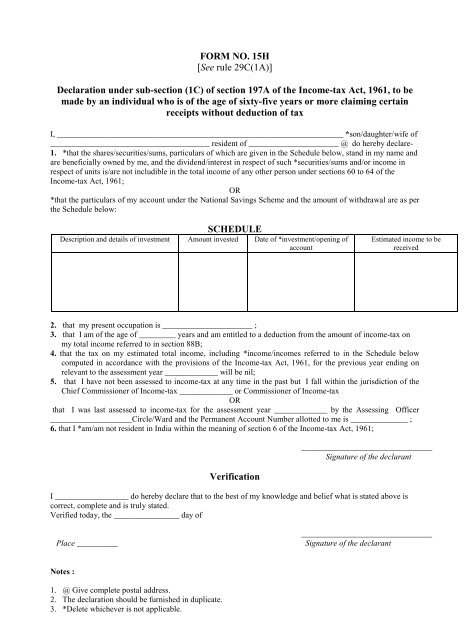 The Income Tax Act, 1962 - Form No. 15h - Income Tax Department