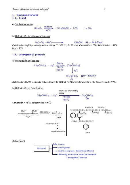 1 1.- Alcoholes inferiores 1.1.- Etanol a) Por fermentación: b ...