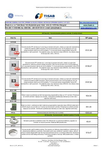 Cenovnik General Electric opreme za dojavu poÅ¾ara i ... - Tisab