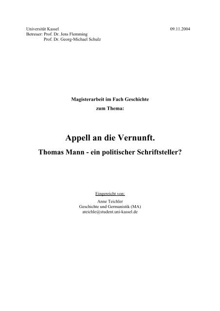 Appell an die Vernunft. Thomas Mann - ein politischer Schriftsteller?