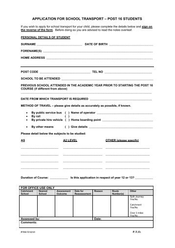 APPLICATION FOR SCHOOL TRANSPORT – POST 16 STUDENTS