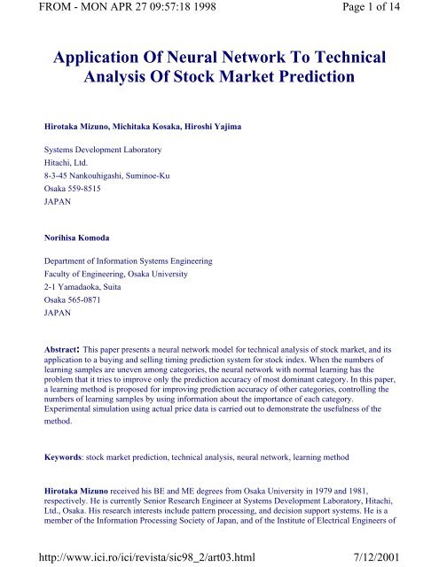 Application Of Neural Network To Technical Analysis Of Stock Market Prediction