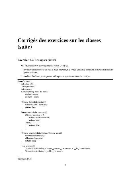 Corrigés des exercices sur les classes (suite)