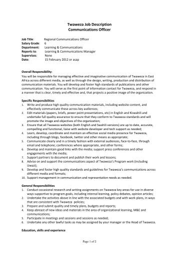 Twaweza Job Description Communications Officer