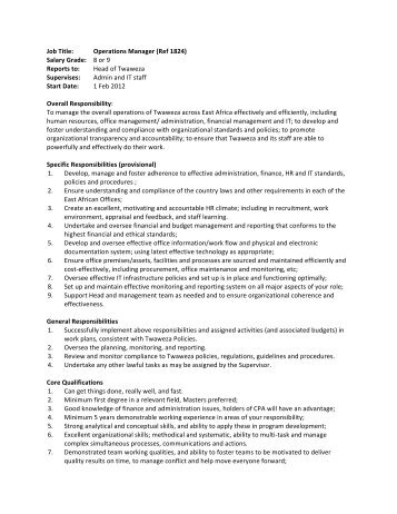 Job Title: Operations Manager (Ref 1824) Salary Grade - Twaweza.org