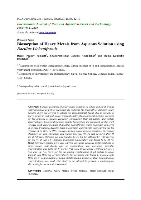 Biosorption of Heavy Metals from Aqueous Solution using Bacillus ...