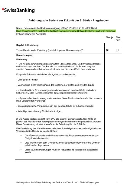 Anhörung zum Bericht zur Zukunft der 2 Säule - Fragebogen