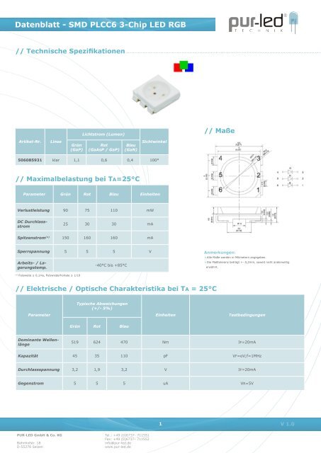 Datenblatt - SMD PLCC6 3-Chip LED RGB - Pur-LED
