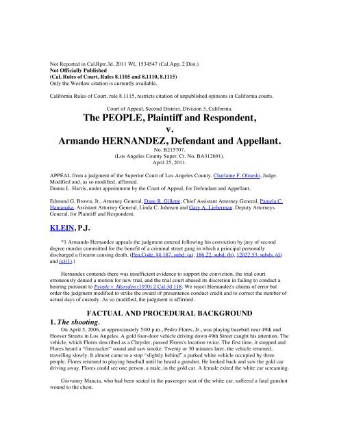 The PEOPLE Plaintiff and Respondent v Armando HERNANDEZ Defendant and Appellant