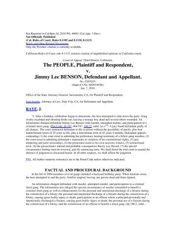 The PEOPLE Plaintiff and Respondent v Jimmy Lee BENSON Defendant and Appellant