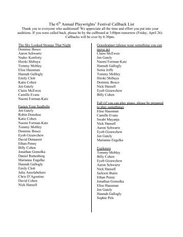 The 6 Annual Playwrights’ Festival Callback List
