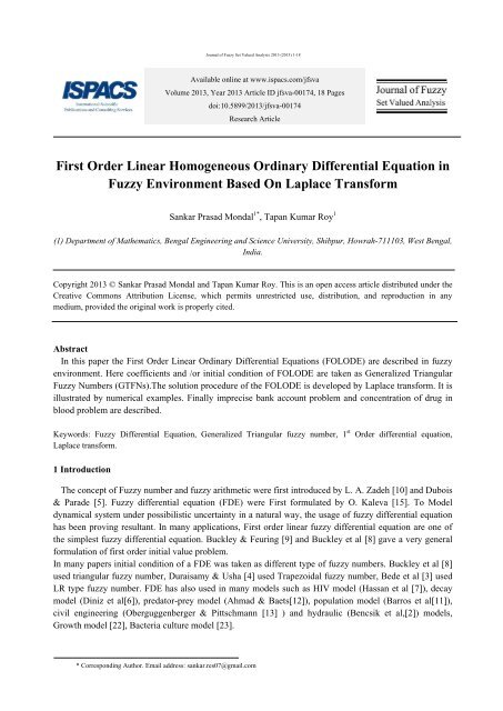 First Order Linear Homogeneous Ordinary Differential ... - ispacs