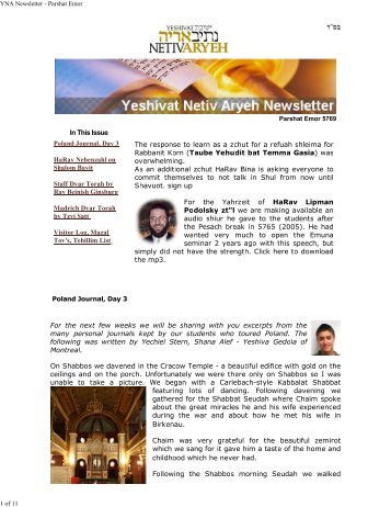 YNA Newsletter - Parshat Emor - Yeshivat Netiv Aryeh