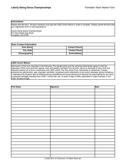 Liberty Swing Dance Championships Formation Team Waiver Form