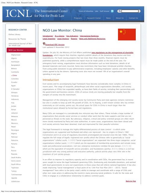 NGO Law Monitor: China RESEARCH CENTER - The International ...