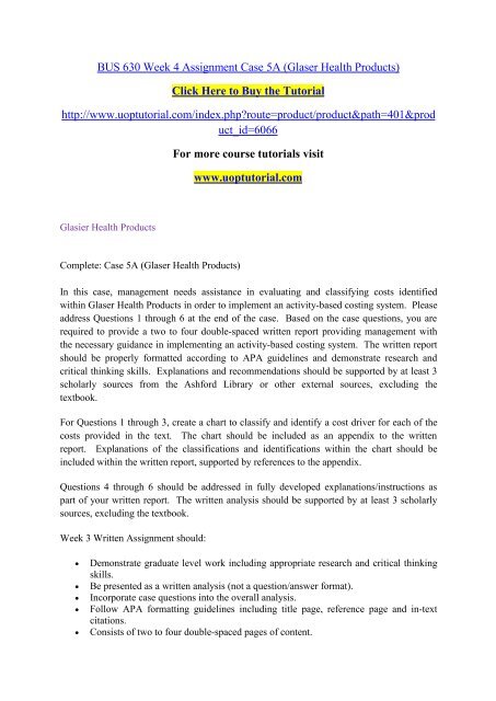 Bus 630 Week 4 Assignment Case 5a Glaser Health Products
